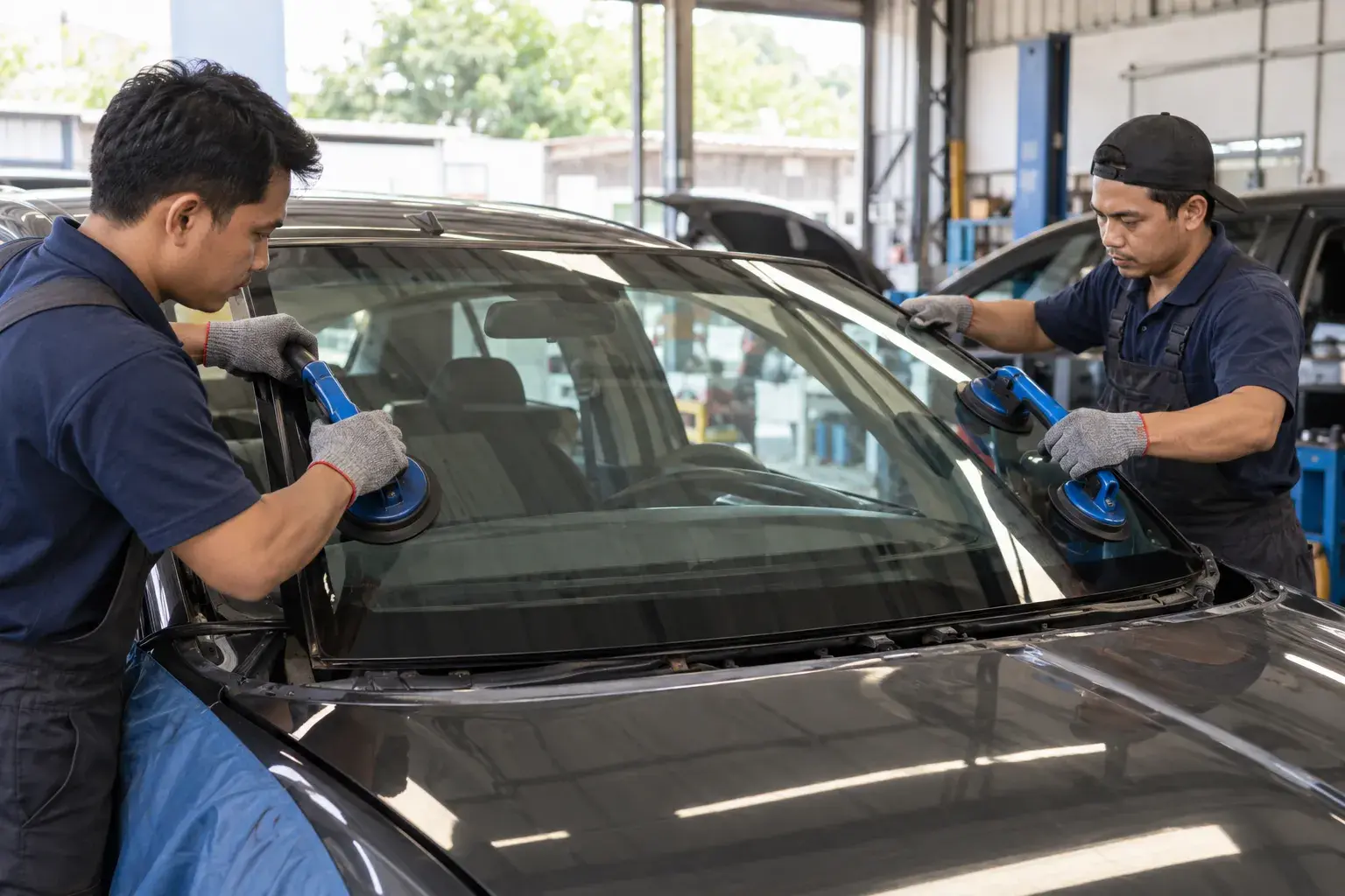 Teknisi memasang kaca depan mobil dengan alat pengangkat