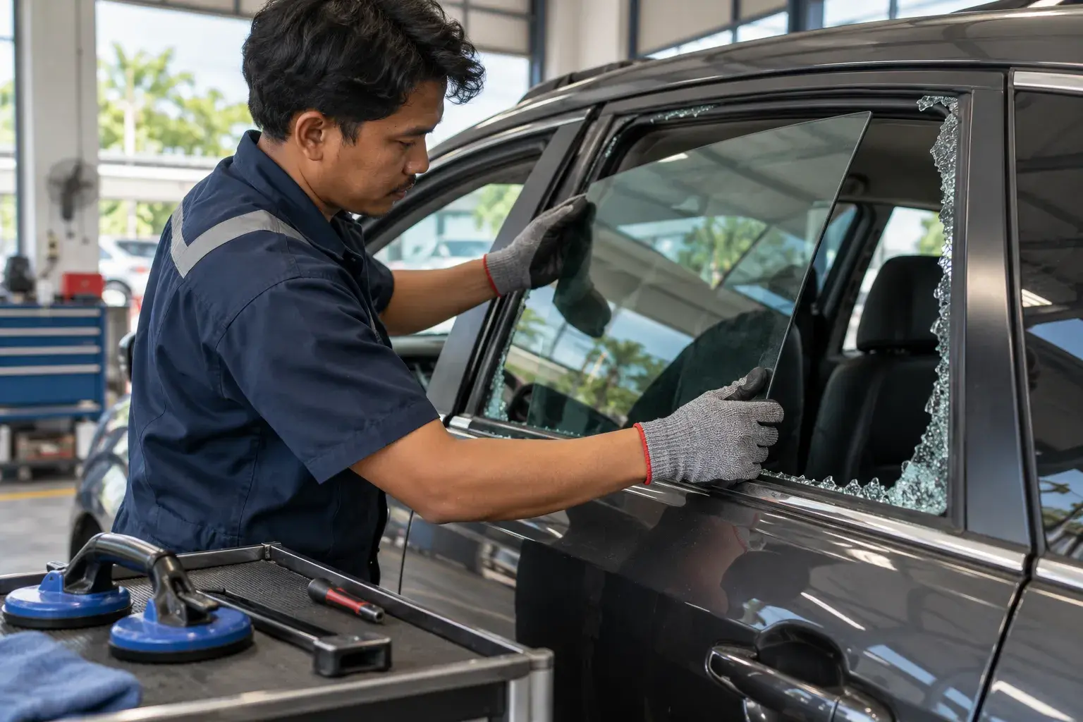Teknisi memeriksa kaca samping mobil yang rusak