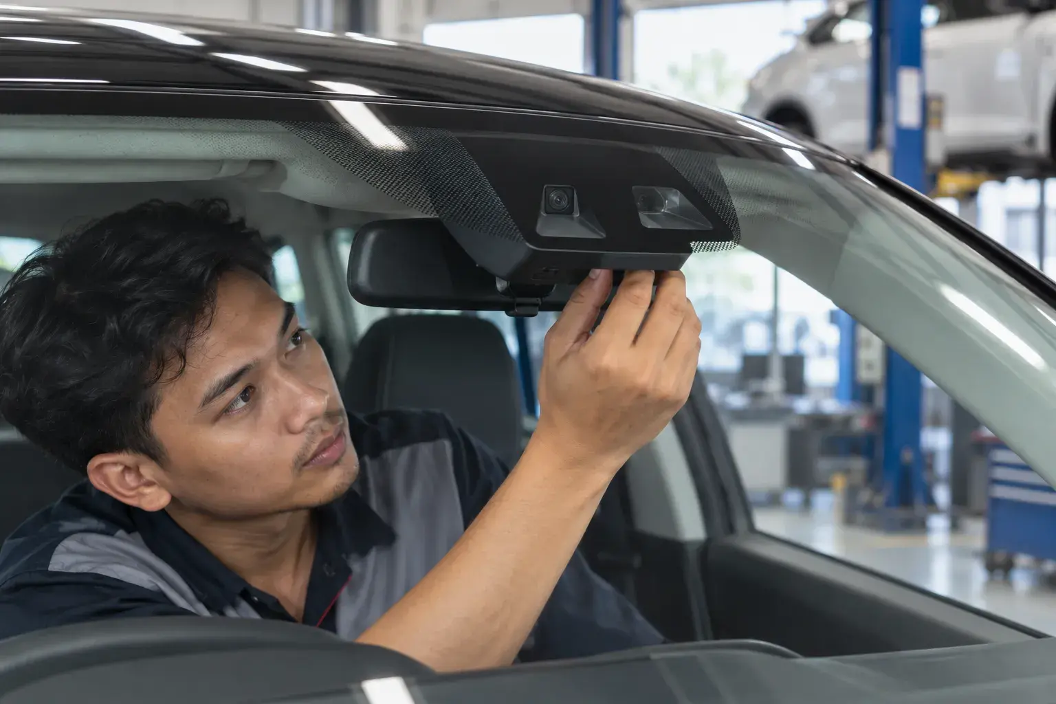 Teknisi memeriksa area kamera dan sensor pada kaca depan